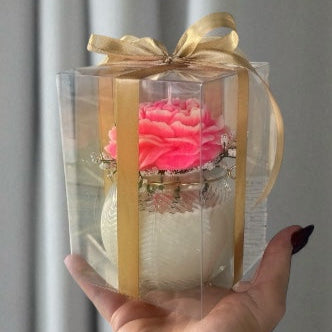Vela decorativa de soya con flor de peonía – en frasco redondo con caja de regalo.