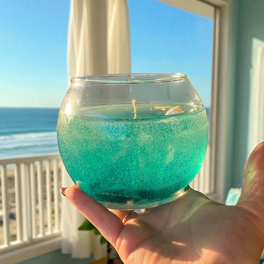 Vela decorativa de cera en gel – Diseño marino en frasco redondo